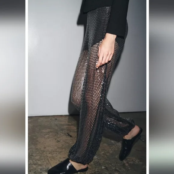 Zara Black and Silver Sequin Wide-Leg Pants - Picture 3 of 9